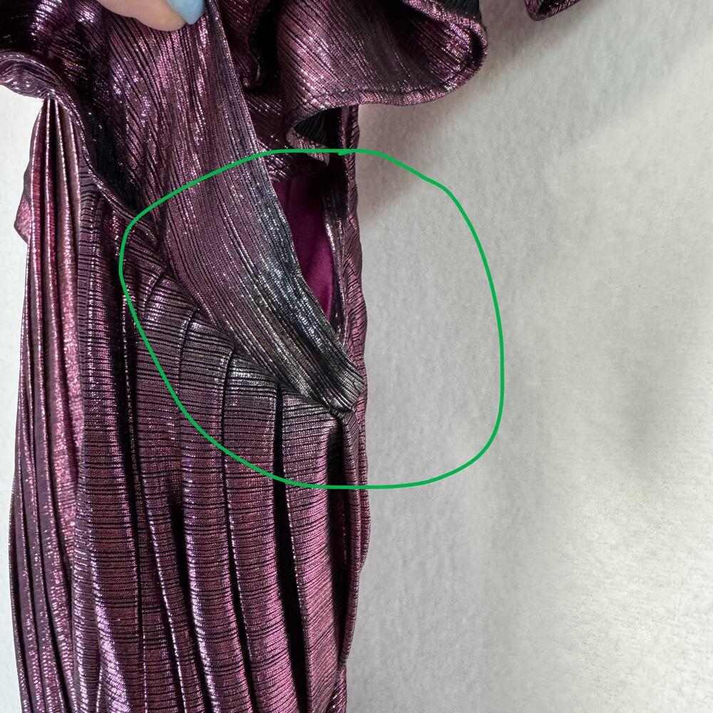 Ieena for Mac Duggal Ruffle Sleeve Metallic Gown Pleated Lace-Up Back Dress 12 - Picture 14 of 15